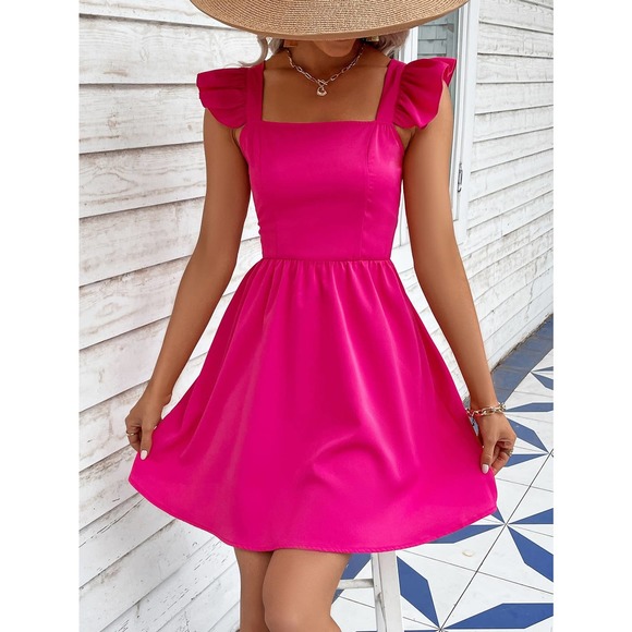 Square Neck Zip Back Ruffle Trim Dress boho kelly green - Picture 5 of 7